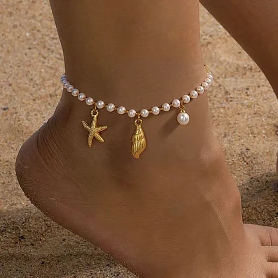 Tornozeleira Feminina Pérolas com Concha e Estrela do Mar Em Aço Inox – Acessório Moda Praia Verão