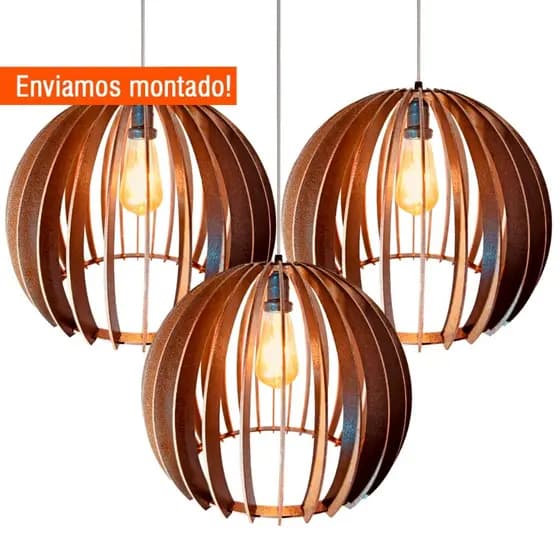 Lindo Conjunto com 3 Pendentes Luminária de Teto Luxuosa de Sala Cozinha Sala de Jantar MDF