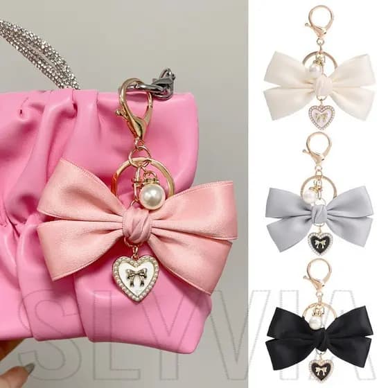 Chaveiro Com Laço De Fita Rosa-Enfeites De Decoração De Mochila-Pingente De Amor De Pérola-Moda , Elegante , Doce-Presen