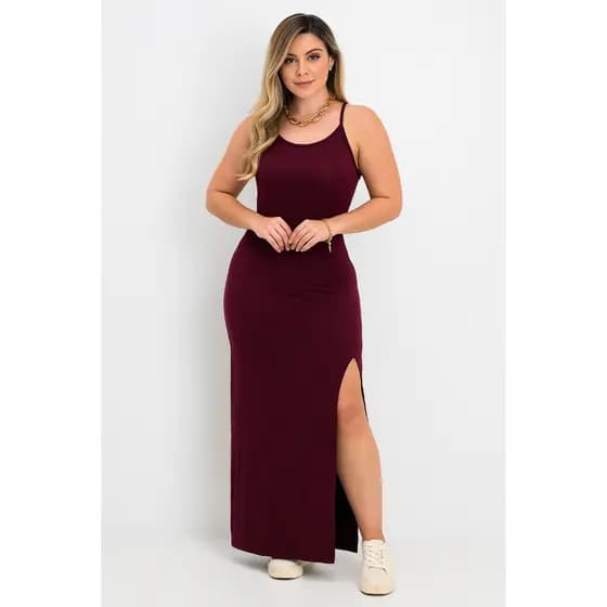 Vestido Longo De Alcinha Fendas Laterais Versátil Vinha Fashion Em Malha Canelada