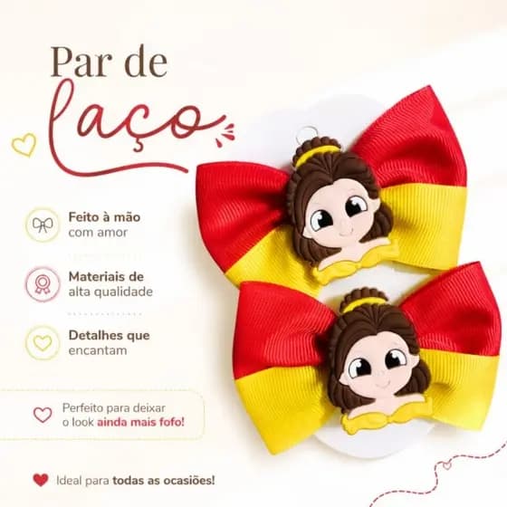 Par de Laços Bela e a Fera Infantil em Gorgorão | Presilha Bico de Pato Princesa Bela