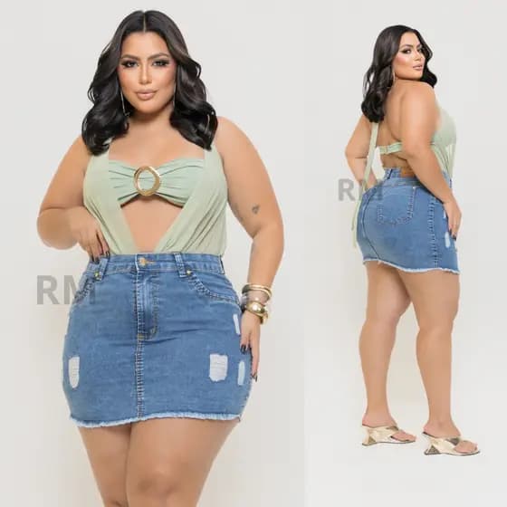 saia jeans feminina plus size com lycra destroyed barra desfiada moda feminina
