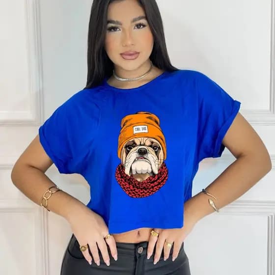 Cropped feminino estampado Bulldog de touca