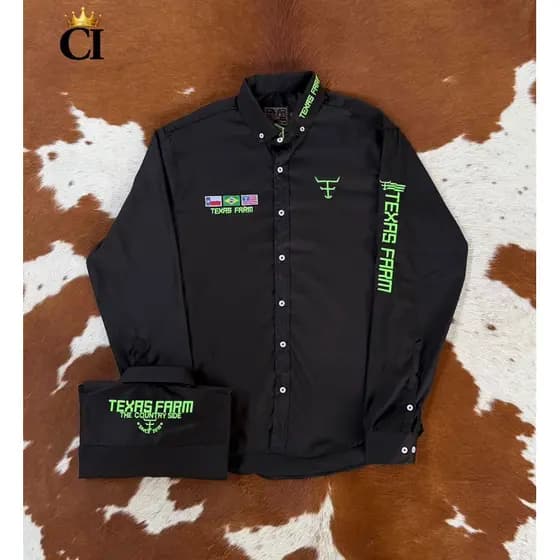 Camisão Masculina Manga Longa Bordada Texas Farm Estilo Country Para Rodeio E Vaquejada Cowboy Peão