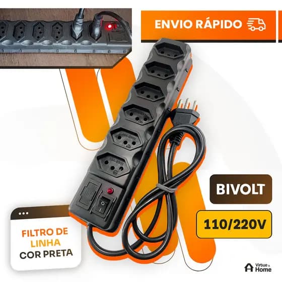 FILTRO DE LINHA RÉGUA 6 TOMADAS RESISTENTE 10A COM FUSÍVEL TRIPOLAR