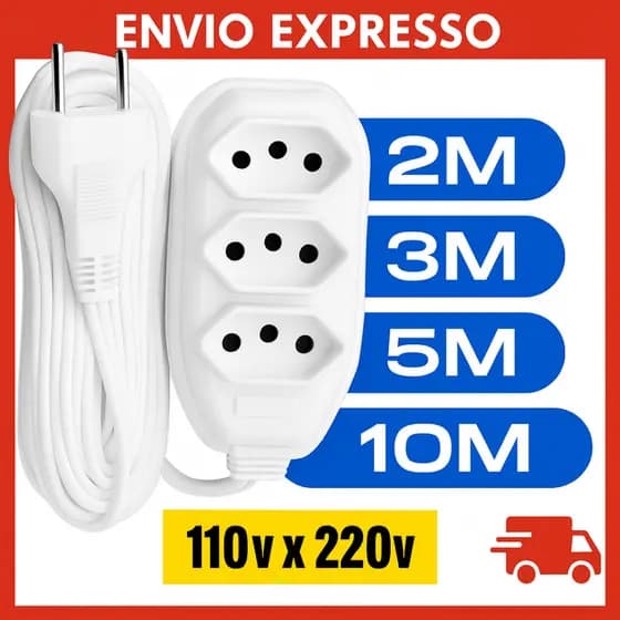Extensão Elétrica 10,5,3 e 2 METROS BRANCA 110/220 3 Tomadas Bivolt Tripolar Durável Resistente