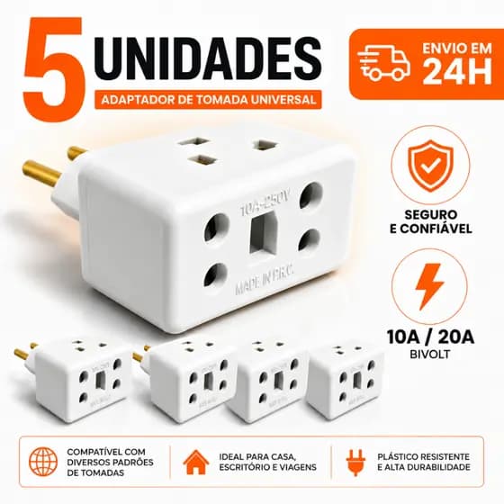 Adaptador de Tomada c/ 5 Benjamin 20A Pino Maciço Bob Resistente