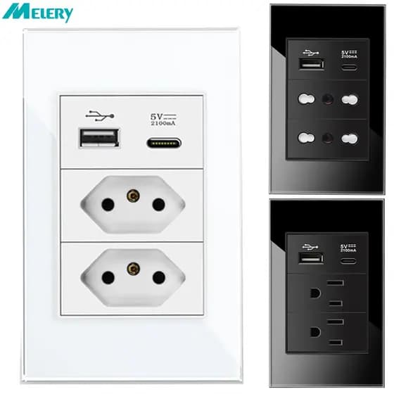 Melery 20A Brasil Eua Itália Chile Tomadas De Parede USB Tipo C Interruptor Plástico Temperado 118