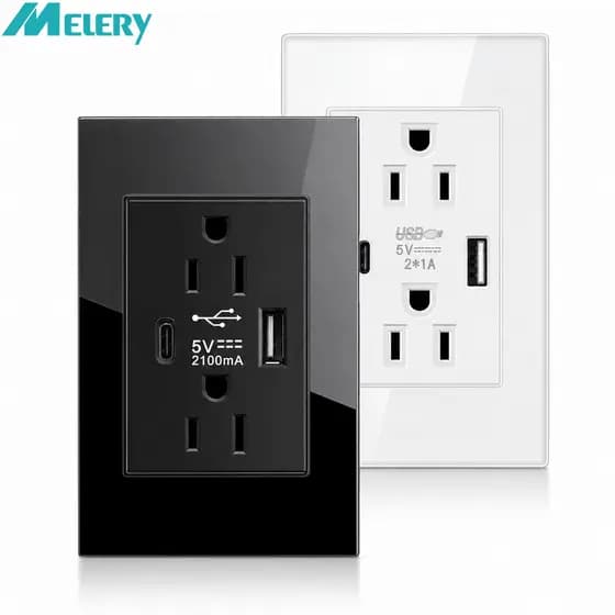 Melery Eua Tomada Duplex De Parede Elétrica USB Tipo-c Adaptador De Energia Vidro Temperado