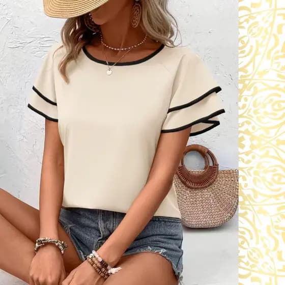Blusa Feminina manga curta com babados, camiseta báscia casual dia a dia trabalho lazer