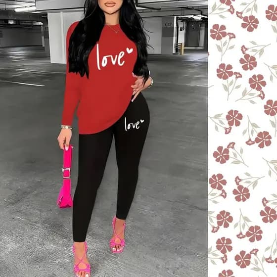 Conjunto Casual Feminino de Duas Peças com Estampa love para Todas as Estações, calça e blusa de manga comprida feminino