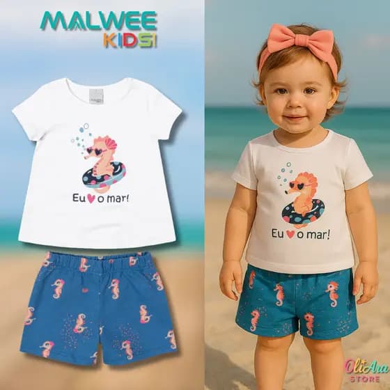 Conjunto Malwee Kids Bebê Menina Verão Estampa Mar 1 a 3 Anos