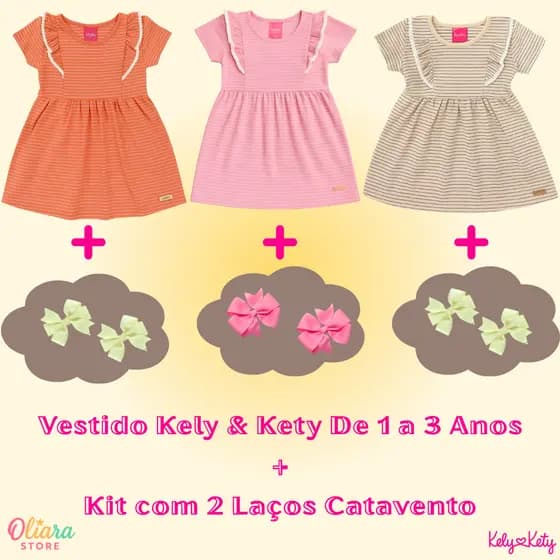Vestido Infantil Verão Bebê de 1 a 3 Anos Kely e Kety com 2 Laços Catavento