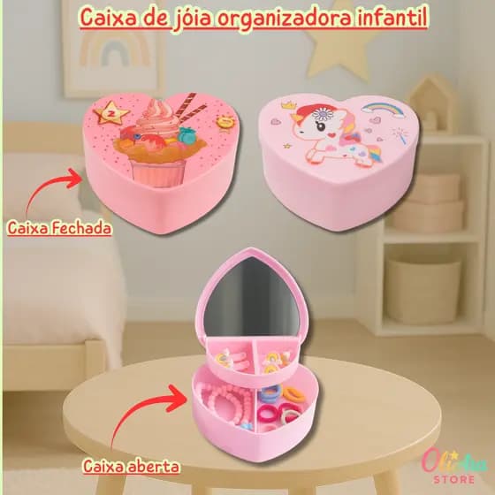 Organizador Porta Joia Infantil Coração com Espelho Colar Pulseira Anel e Xuxinhas