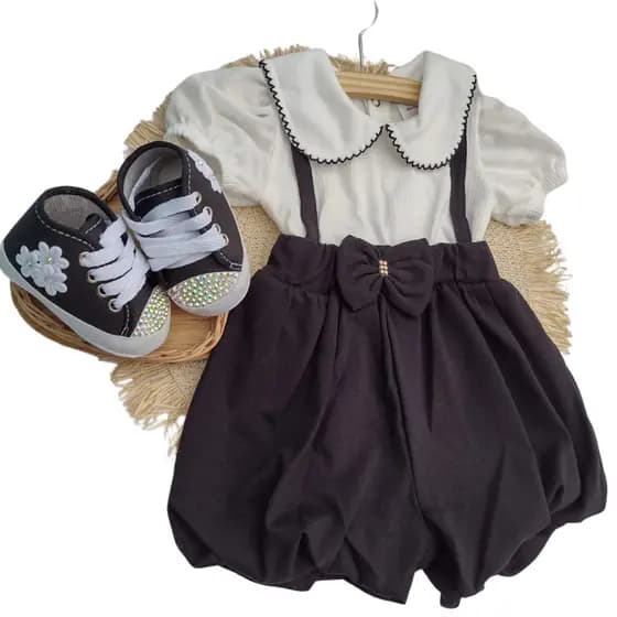 Body Bebê Romper Macaquinho feminino Branco Preto Gola Boneca