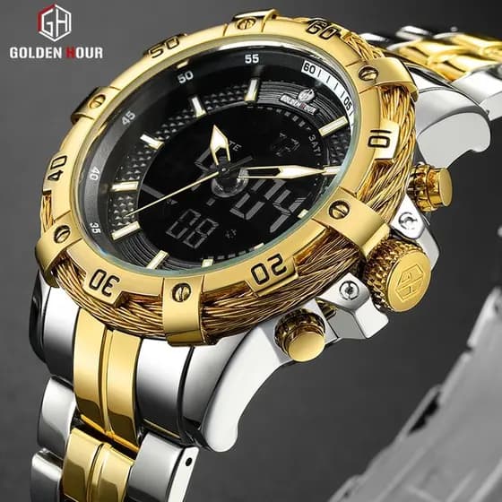 Relógio Quartzo GOLDENHOUR/Mostrador Duplo Analógico Digital/Relógio à Prova d'Água Masculino Fashion/Relógio de Luxo
