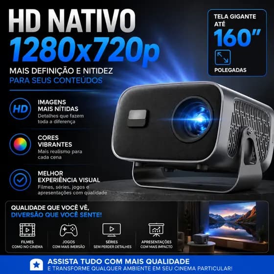 Projetor Portátil HD 720p Nativo Mini Projetor Cinema em Casa HDMI USB Tela Até 160 Polegadas
