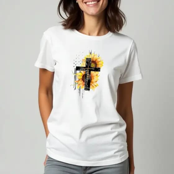 Camisa Estamapada Feminina Cruz Fé Flor Algodão 30.1 Confortável Estilo Casual