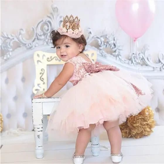 Wfrv Baby Kid Girls Princess Dress Lace Bow Sequins Wedding Party Dresses Christening 1st Birthday Dress