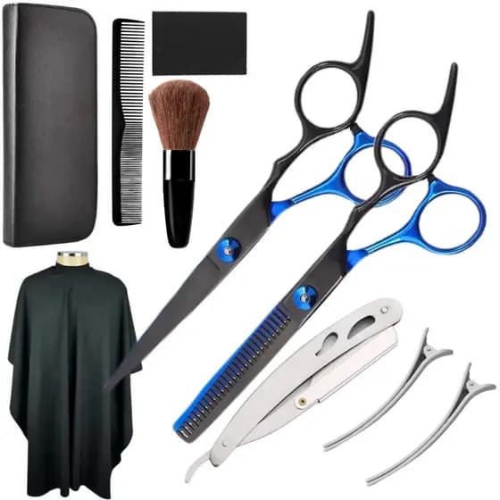 Kit Tesoura Barbeiro Fio Navalha E Desfiadeira + Acessórios Espanador Pente Presilhas Navalhete e Capa Cabeleireiro