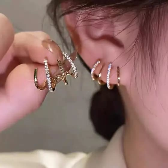 Brinco Ear Cuff Feminino 4 Argolas Cravejado Dourado Luxo