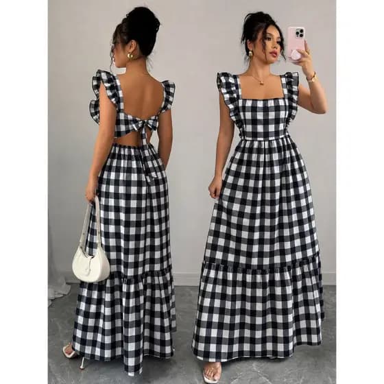 Vestido Longo Veste dO 38 ao 42 Festa Junina São João Xadrez Vichy Com Babado E Laço Nas Costas