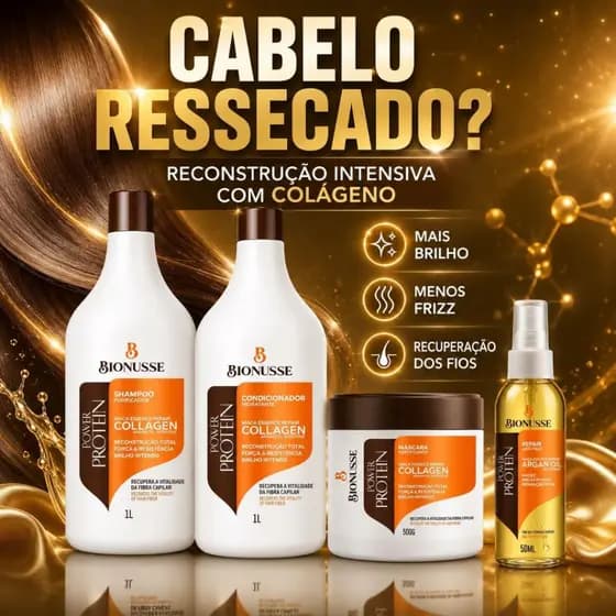 Kit Reconstrução Capilar Colágeno Shampoo Condicionador 1L Máscara 500g Óleo 60ml