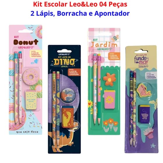Kit Escolar Leo & Leo 04 Peças - 02 Lápis + Borracha + Apontador