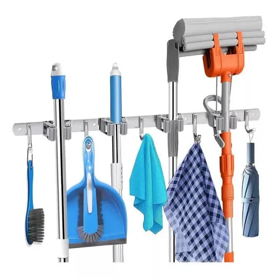 Suporte Inox De Parede 9 Ganchos Acessórios Porta Vassoura Mop Rodo Pendurador de Utensílios Limpeza