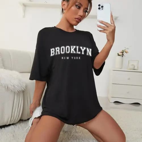 Camiseta Camisa Feminina Oversized Larga Ombro caído Estampada Brooklyn New York
