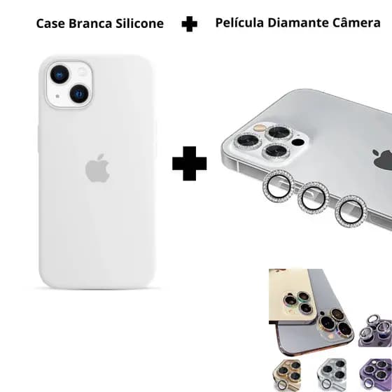 Kit Capa Silicone Branca + Película Câmera Diamante iPhone 14 15 16 Plus - Nanclares
