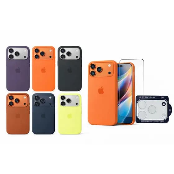 Case Silicone Colorida Cor Aleatória iPhone 17, 17 Air, 17 Pro e 17 Pro Max + Película Vidro 3D + Lente Câmera_Premium
