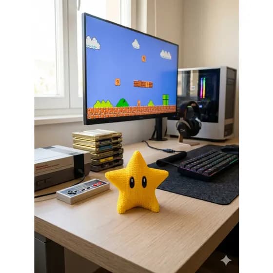 Estrela Super Mario Estilo Crochê/Tricô Decoração Geek Gamer