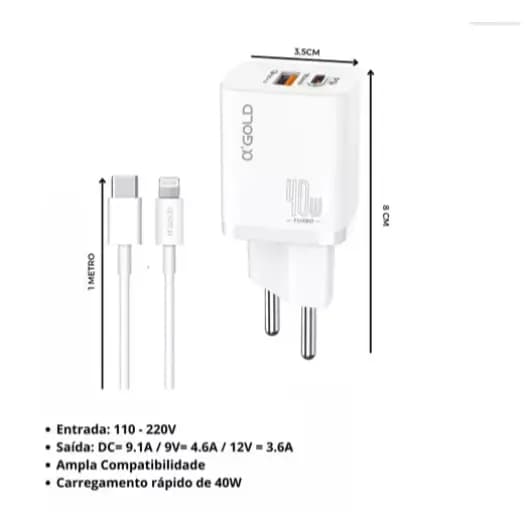 Carregador Turbo 40w Para iPhone 8 X Xr 11 12 13 14 Pro Max