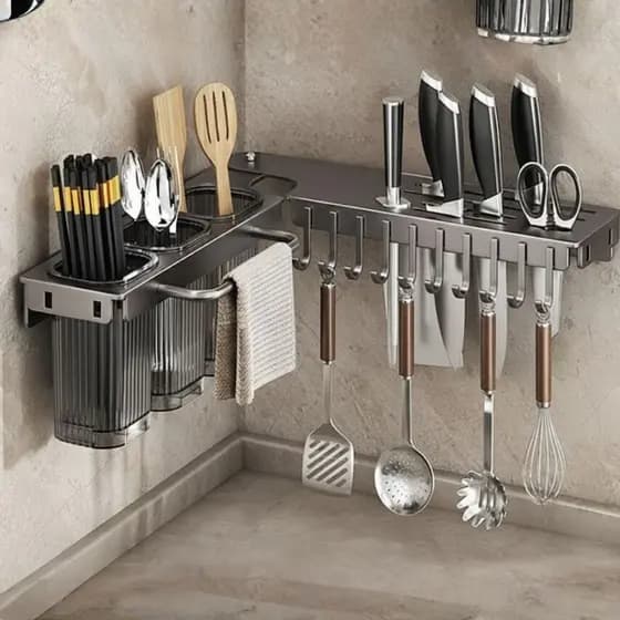Organizador de Cozinha de Canto com Ganchos e Porta Facas Suporte de parede