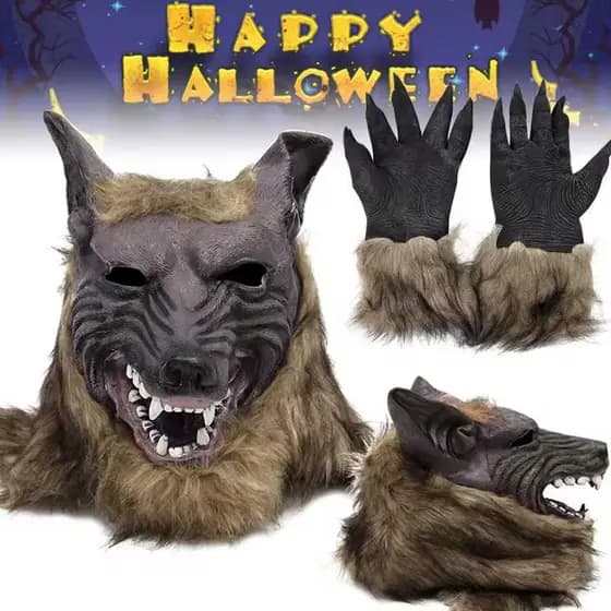 Kit Fantasia Lobisomem - Máscara de Látex + Par de Luvas com Garras (Halloween e Cosplay)