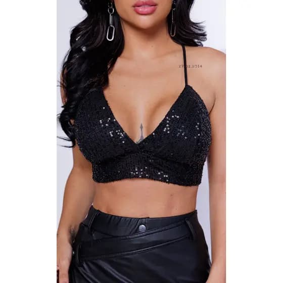Cropped Top Paetê Preto Moda Blogueira Moda Balada Ano Novo Fim de Ano Bilho Lantejoulas