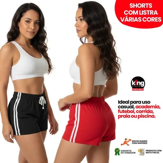 Shorts com Listra Várias Cores Feminino Secagem Rápida com Elástico Cordão Ajustável Moda Praia Casual Treino Academia