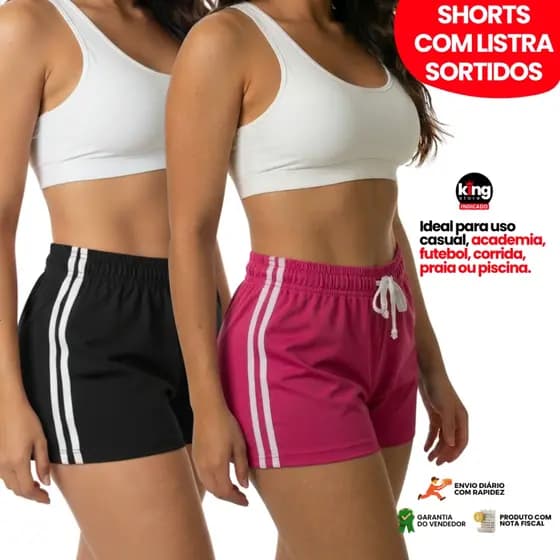 Kit 2 Shorts com Listra Feminino Sortidos Secagem Rápida com Elástico Cordão Ajustável Moda Praia Treino Academia