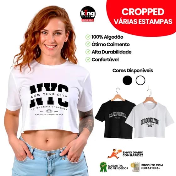 Blusa Cropped Feminina Oversized 100% Algodão Confortável Alta Durabilidade Estilosa Várias Estampas Modernas