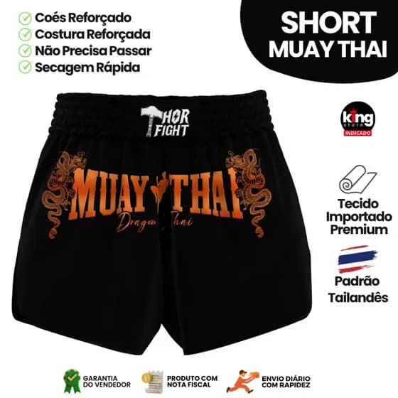 Short Muay Thai Dragon Thai Laranja Unissex Premium Padrão Tailandês Alta Qualidade Treino Luta