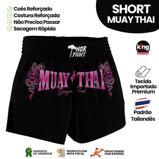 Short Muay Thai Dragon Thai Rosa Unissex Premium Padrão Tailandês Alta Qualidade Treino Luta