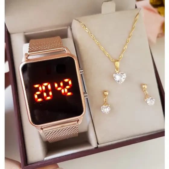 Kit Relógio Quadrado Femininos Digital Led Colar Brinco Watch pulseira luxo