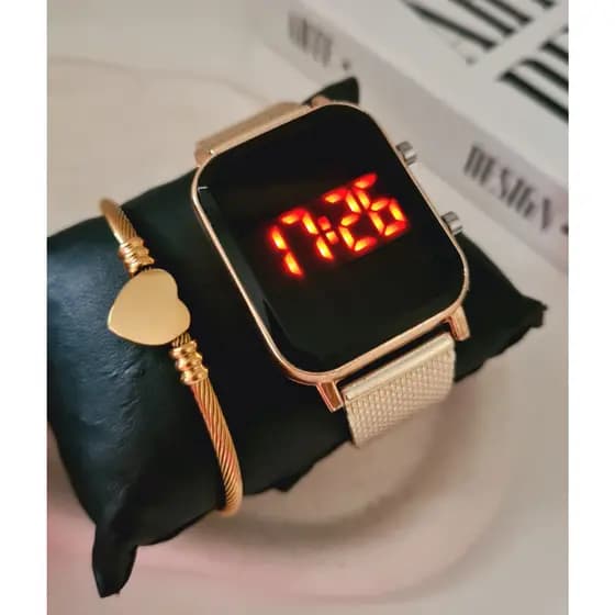 Relógio Led Digital Feminino Dourado com Pulseira Bracelete
