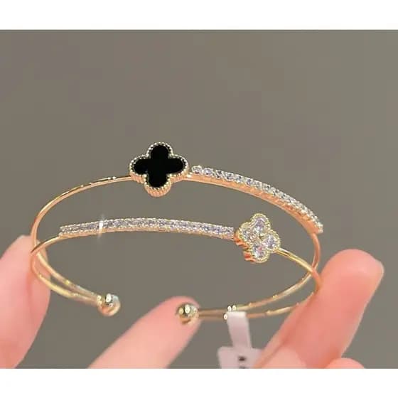 Pulseira Bracelete de dupla camada trevo de quatro folhas requintada aberta dourada prata