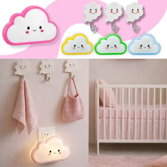 Kit Luminária de Nuvem + 3 Ganchos Decorativos Infantil Quarto Bebê Luz Noturna