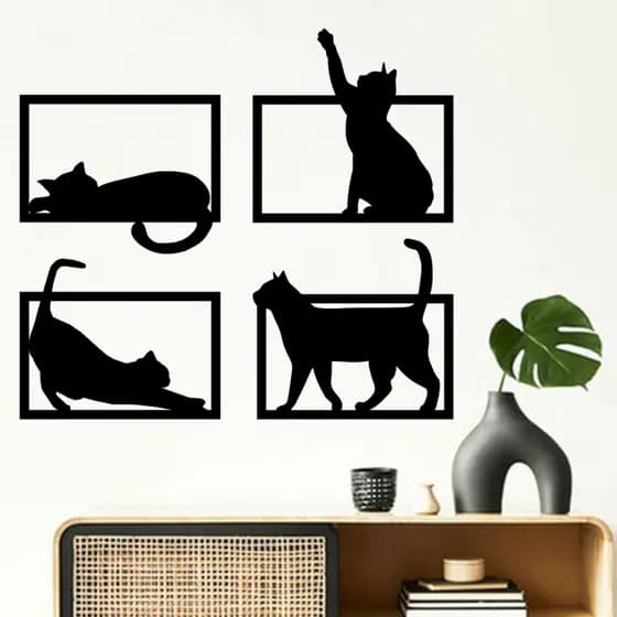 Kit 4 Quadros De Parede Gatinhos Gatos Brincando Vazado Decorativo para Quarto de Criança Sala MDF