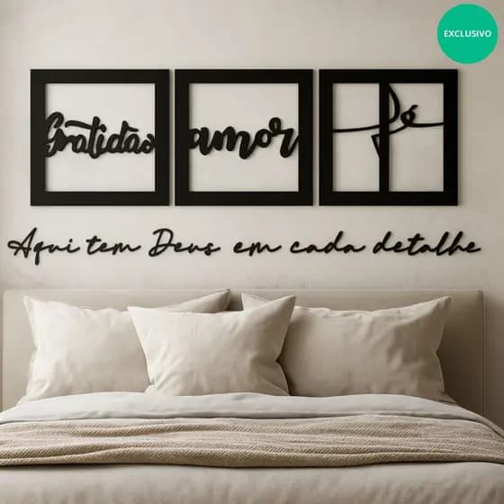 Kit 3 Quadros Decorativos Quarto Amor Fé Gratidão + Frases Variadas Cabeceira Parede Sala