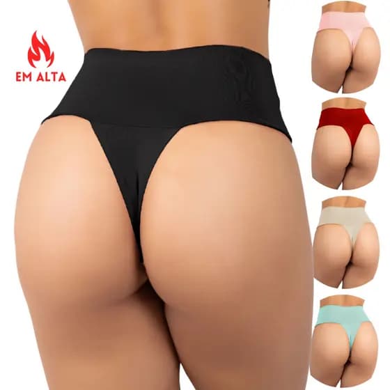 Kit 5 Calcinhas Fio Cintura Alta Cós Reforçado Duplo Conforto Tanga