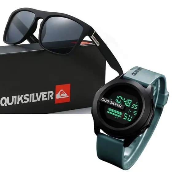 Combo Óculos De Sol Quiksilver + Flanela + Bag + Relógio Digital Quiksilver Verde Sem Caixa Original